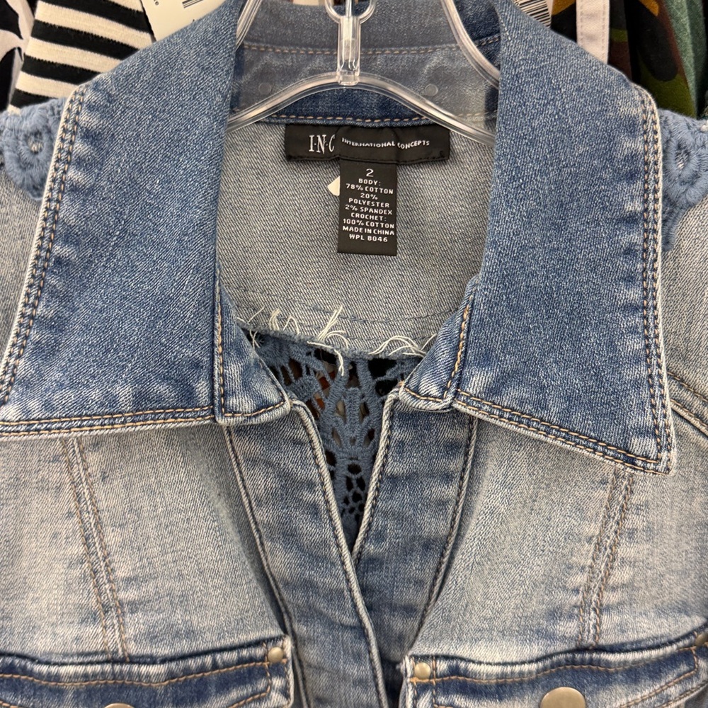 INC International Concepts Faded Blue Denim Vest with Crochet Detail